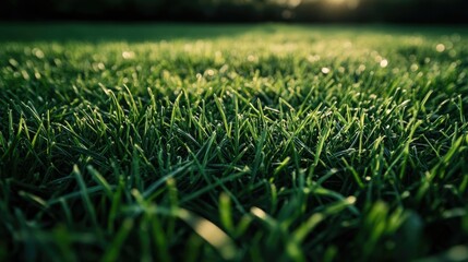 Fototapeta premium Perfectly maintained green grass lawn with short blades, evenly spaced and illuminated by soft natural light.