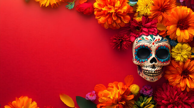 un fondo rojo liso con espacio de copia con elementos decorativos como flores de colores y una calavera de azucar represetando el dia de muertos en mexico tradicion mexicana