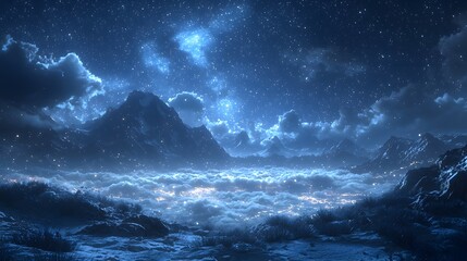 Fototapeta premium Bright stars scattered across a dark sky, with wisps of clouds creating a soft and dreamy atmosphere. The 3D elements give depth and realism to the fantasy-inspired night scene