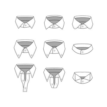 Various types of collars for men's shirts.
A collection of neckbands and collars.
Hand-drawn collar and shirt neckline vector illustrations for clothing and fashion items.