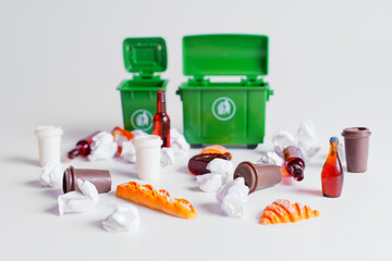 Miniature Trash Scene with Food Waste and Recycling Bins