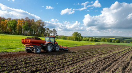 Obraz premium A red tractor tills the soil of a large field on a sunny day with a blue sky and green trees in the background.