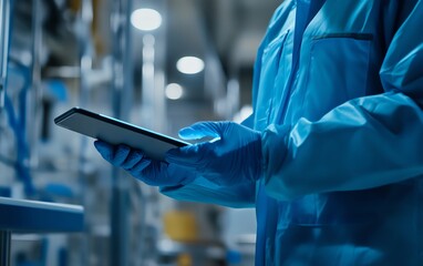 Technician using a tablet to review product specifications during quality inspection, digital quality control, techenhanced inspections