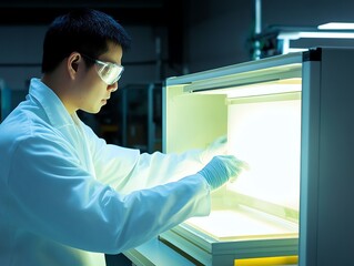 Technician using a light box to inspect product surface finishes, surface inspection, visual quality control