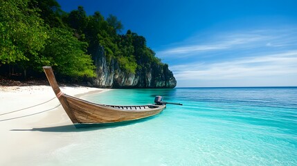 A traditional longtail boat sits on a pristine white sand beach with turquoise water and a lush green island in the background.