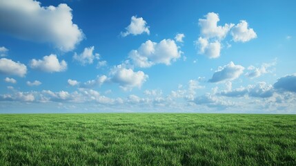 Obraz premium Rolling green grass field extending to the horizon, with light clouds drifting across a deep blue sky.