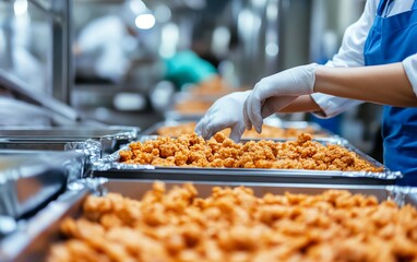Worker performing a manual quality check on food products in a processing facility, food safety inspection, quality control in food industry