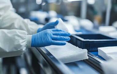 Worker using gloves to handle delicate products during quality control checks, safety handling, fragile product QC