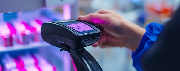 Closeup of a barcode scanner verifying product codes, accuracy, inventory and quality control