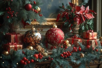enchanting christmas scene with an array of elegantly decorated baubles wrapped gifts and seasonal ornaments rich colors and soft lighting create a warm inviting holiday atmosphere