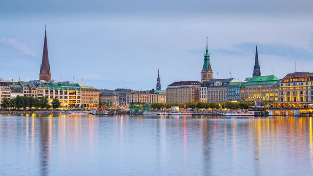 Hamburg skyline time lapse from day to night, Hamburg germany 4K. Hamburg town hall alster port.