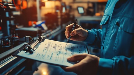 Engineer holding a checklist and marking products on an assembly line, manual inspection, quality assurance process
