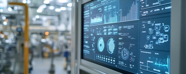 Digital display showing product rejection rates and improvement metrics, data analytics, performance monitoring in QC