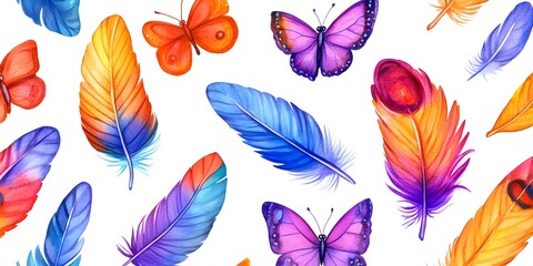 Watercolor Feathers and Butterflies