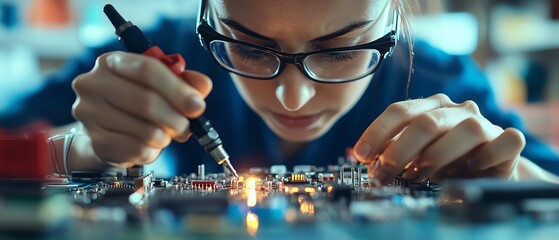 Engineer testing electronic circuit boards with precision tools, electronics quality control, component verification