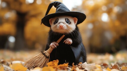 Ferret dressed as a witch with a pointy hat and small broom, witch ferret, playful Halloween pet