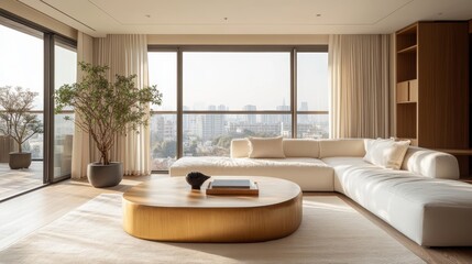 16. A minimalist living room with a golden teak coffee table, a white sofa, and a large, floor-to-ceiling window that fills the space with soft, natural light.