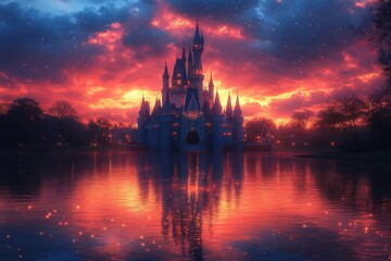 Naklejka premium enchanting fairy tale castle silhouetted against a vibrant dusk sky whimsical architecture with towering spires and turrets magical atmosphere with soft ethereal lighting and hints of sparkle