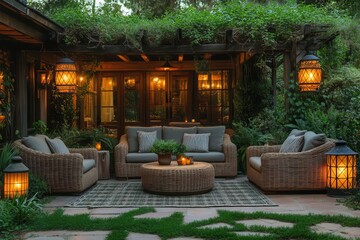 enchanting garden retreat with vintageinspired furniture lush greenery and soft lantern lighting warm evening ambiance with cozy throw pillows and a rustic wooden table