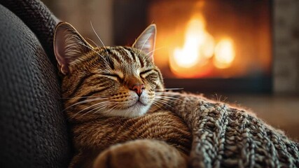 A cat curling up in its owner lap, with the soft glow of a fireplace in the background, capturing the comfort and bond in a quiet moment.
