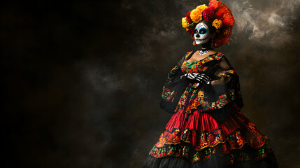 mujer disfrazada de catrina con un vestido tradicional mexicano colorido y elegante sobre un fondo con espacio de copia tradicion y cultura del dia de muertos en mexico