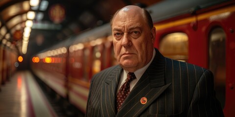 Fototapeta premium A stern figure in a pinstriped suit stands at a vintage train station during twilight hours