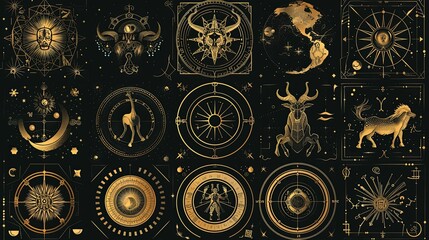 Golden Cosmic Symbols and Creatures on a Black Background