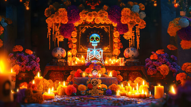 adornado y hermoso altar de muertos en mexico tradicional dia de muertos velas encendidas y fondo colorido representando las ofrendas a los muetos