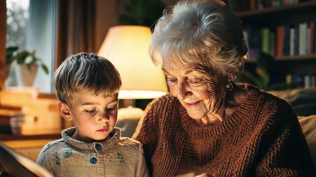 An authentic moment of a grandmother and grandson sharing a storybook, the light from the lamp casting a warm glow.