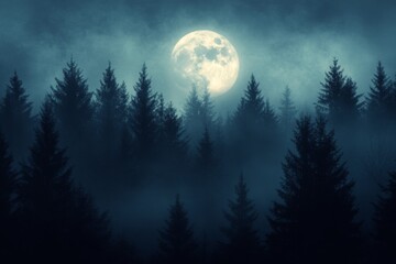 Full moon rising over misty forest