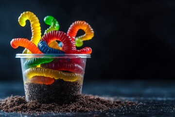 Colorful gummy worms in dirt cup dessert