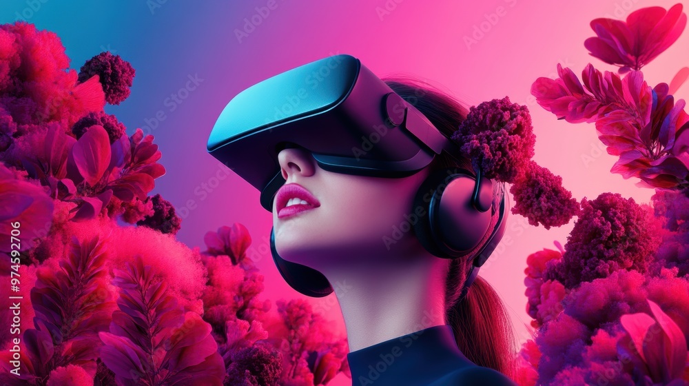 Canvas Prints A woman wearing a virtual reality headset, exploring a vibrant, surreal world filled with interconnected objects and characters.