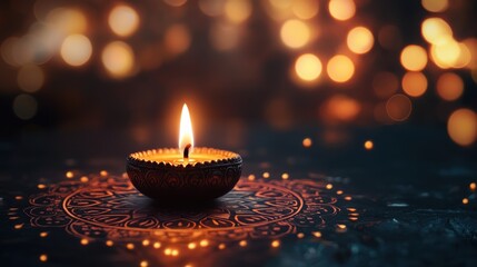 A single diya surrounded by a glowing bokeh light effect illuminating a mandala pattern in the background with ample space for text