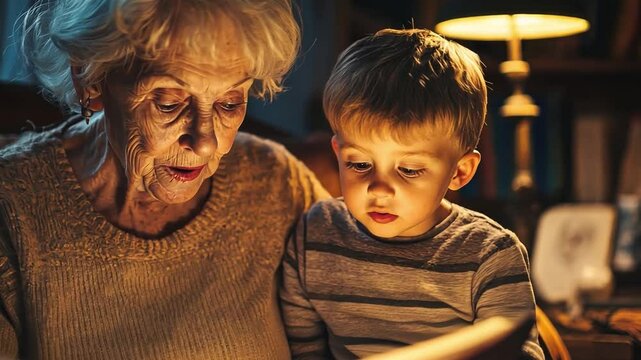 An authentic moment of a grandmother and grandson sharing a storybook, the light from the lamp casting a warm glow.