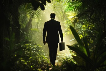 Businessman walking through a dense jungle with briefcase.