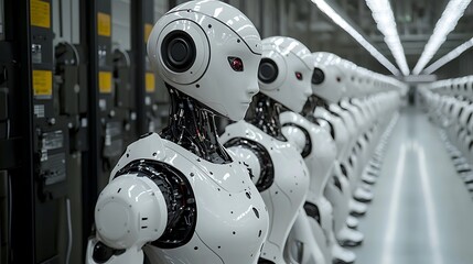 Fototapeta premium A row of white humanoid robots stands in a factory, ready for deployment in a high-tech future.