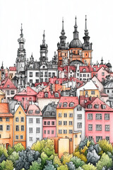 Obraz premium Biaystok, Poland, pen pencil hand-drawn effect portrait drawing illustration for travel poster, card, wallpaper, backdrop or banner. Modern, clear, artistic and simple