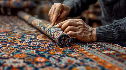 An intricate pattern of Persian carpet weaving, with an artisan at work creating detailed and colorful designs. The scene highlights the skill and cultural importance of this traditional craft, 