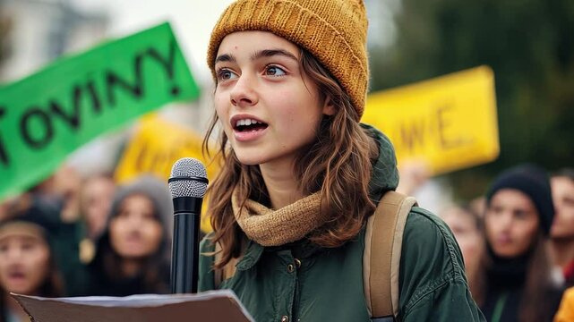 A young activist speaking passionately at a climate rally, surrounded by a crowd of supporters holding eco-friendly banners.