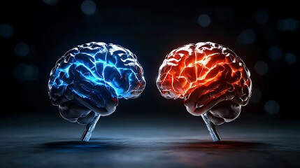 Two human brains glow with blue and red light, symbolizing the duality of thought and intelligence.