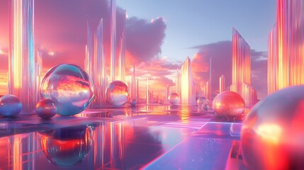 Futuristic Digital Landscape With Abstract 3D Shapes at Sunset
