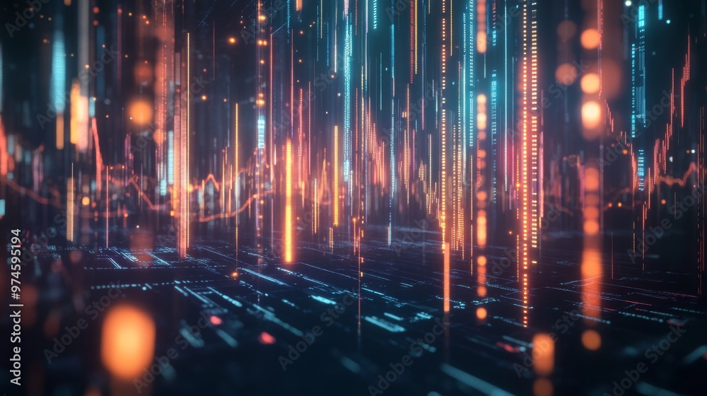 Leinwandbilder a futuristic digital stock market graph floating in the air, with glowing lines and data points, sym