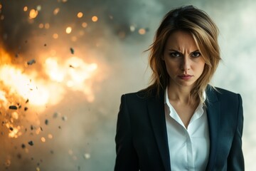 Businesswoman standing determinedly with an explosion in the background.
