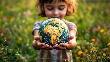 A young person holding a globe in their hands, with a backdrop of natural landscapes, symbolizing the responsibility of the next generation.