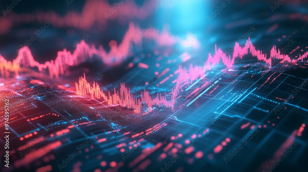 Poster a futuristic financial graph with 3d elements, highlighting significant growth in the global economy