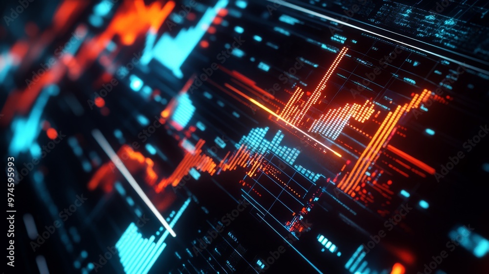 Poster A futuristic financial graph with 3D elements, highlighting significant growth in the global economy. The vibrant colors and glowing lines make the data look dynamic and impactful.