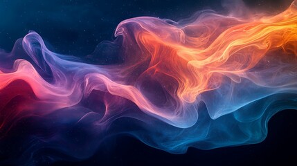 Fototapeta premium Swirling smoke in shades of blue, red, and yellow dances against a black background, forming a dynamic abstract pattern.