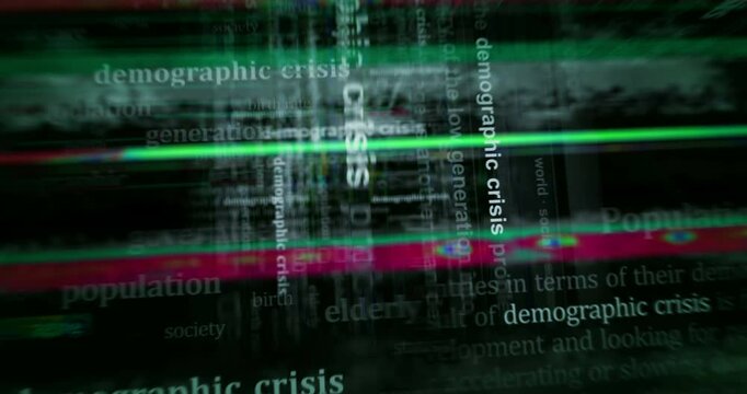 Demographic crisis global population problem headline news titles across media. Abstract concept displays loop. Flight between screens with glitch effect seamless and looped 3d.