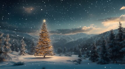 Naklejka premium A snowy landscape with a tall, decorated Christmas tree standing in the center of the frame, surrounded by snow-covered trees and hills under a starry sky
