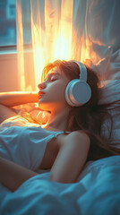 Naklejka premium A girl peacefully listens to music in her bed.
